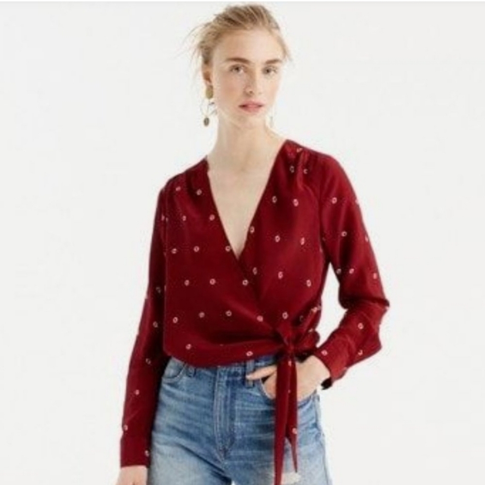 J.Crew Tie Front 100% Silk Top in Burgundy Dot Size Large